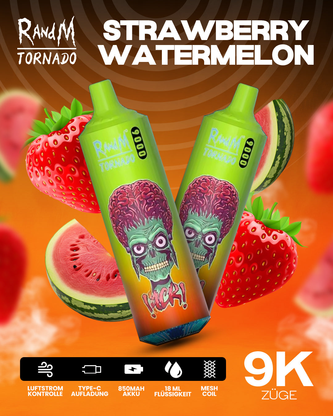 **Alt-Text (in German):**
RandM Tornado Vape 9000 Strawberry Watermelon mit 9K Zügen und Mesh Coil.