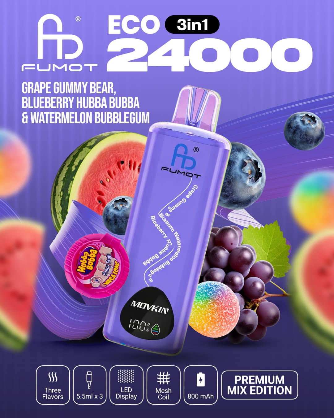 Fumot Eco 24000 3in1 - Grape Gummy Bear, Blueberry Hubba Bubba & Watermelon Bubblegum