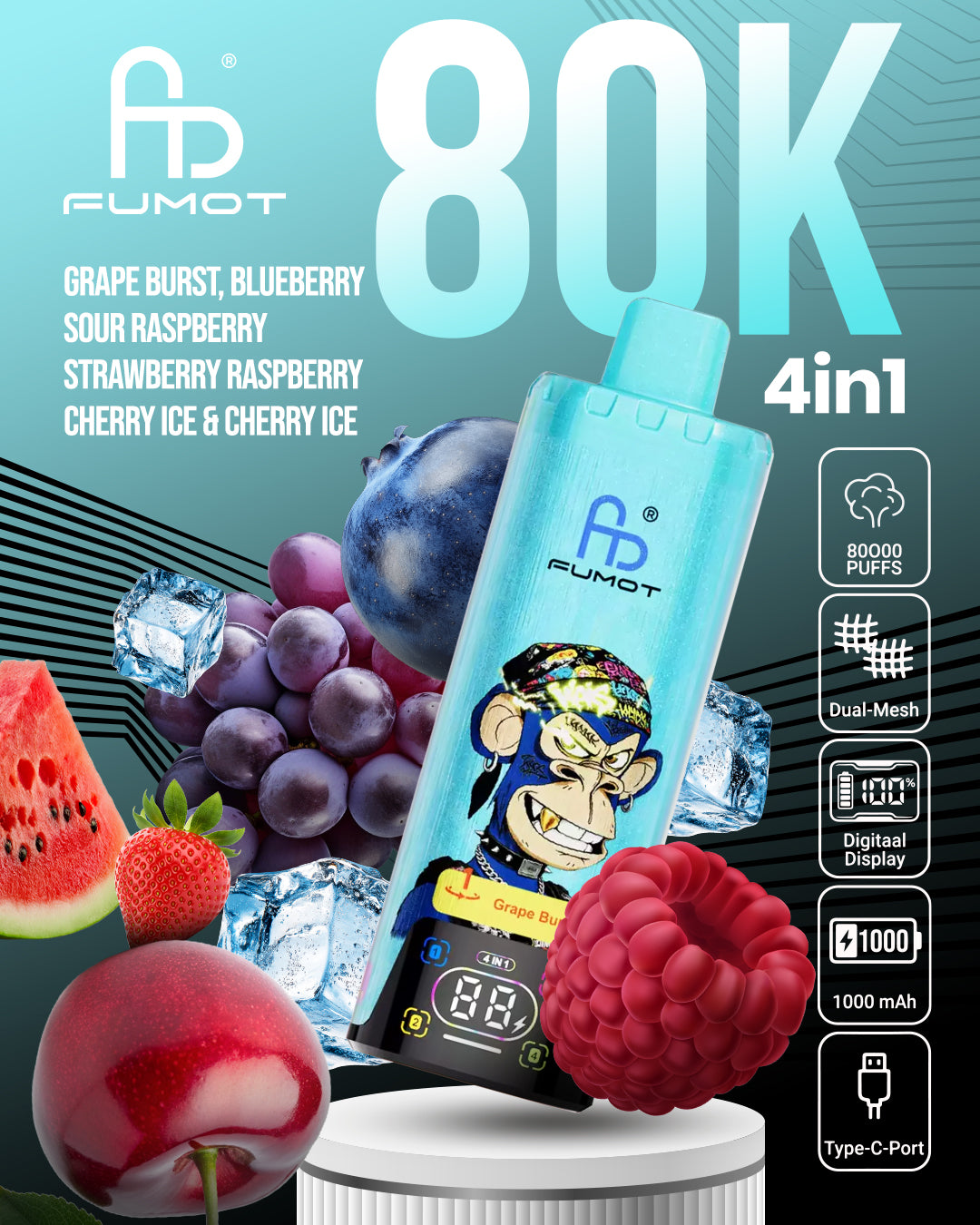 Fumot 80K 4in1 - Grape Burst, Blueberry Sour Raspberry, Strawberry Raspberry Cherry Ice & Cherry Ice