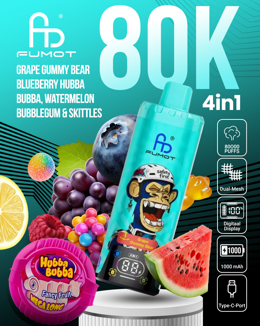 Fumot 80K 4in1 - Grape Gummy Bear, Blueberry Hubba Bubba, Watermelon Bubblegum & Skittles