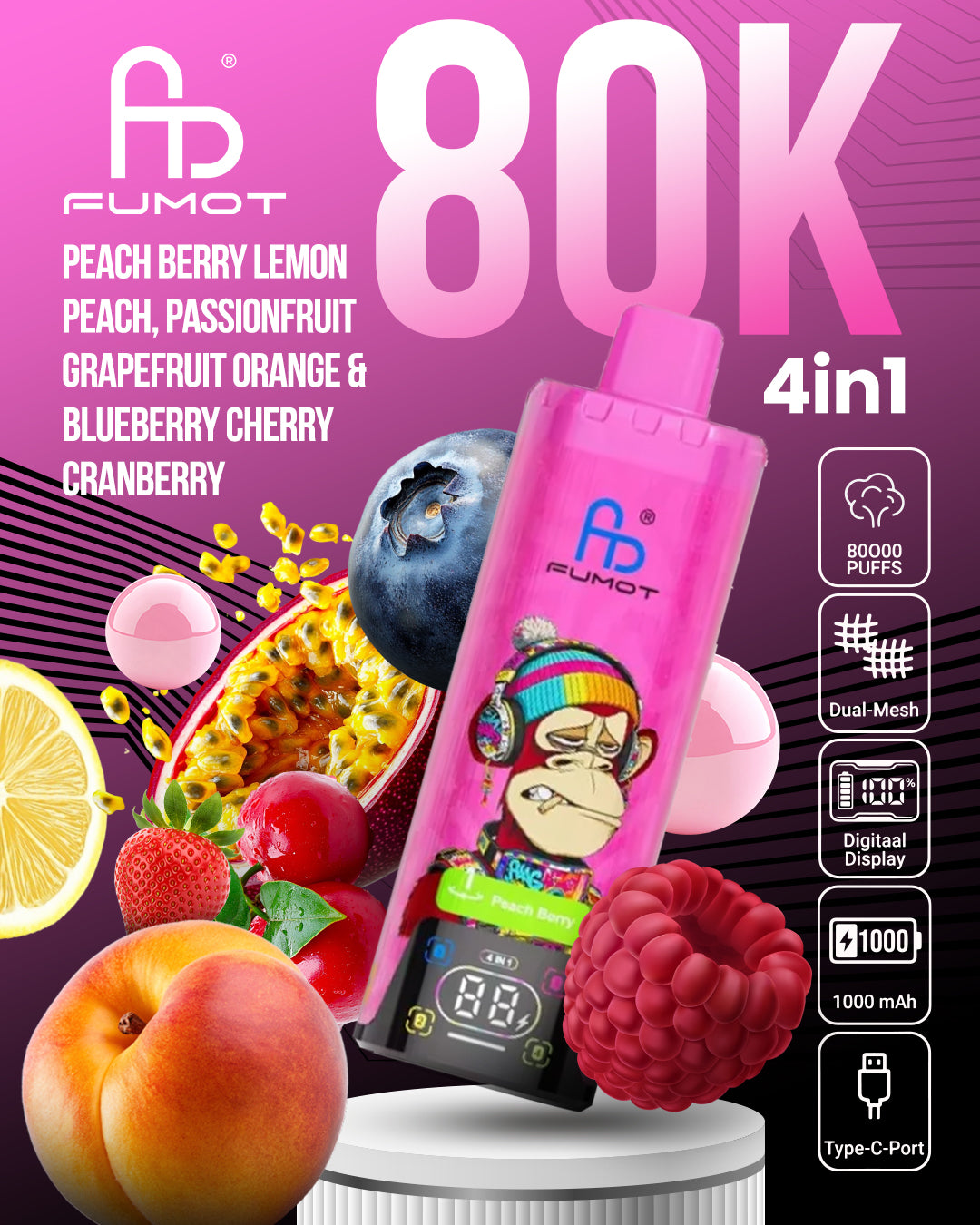 Fumot 80K 4in1 - Peach Berry, Lemon Peach, Passionfruit Grapefruit Orange & Blueberry Cherry Cranberry