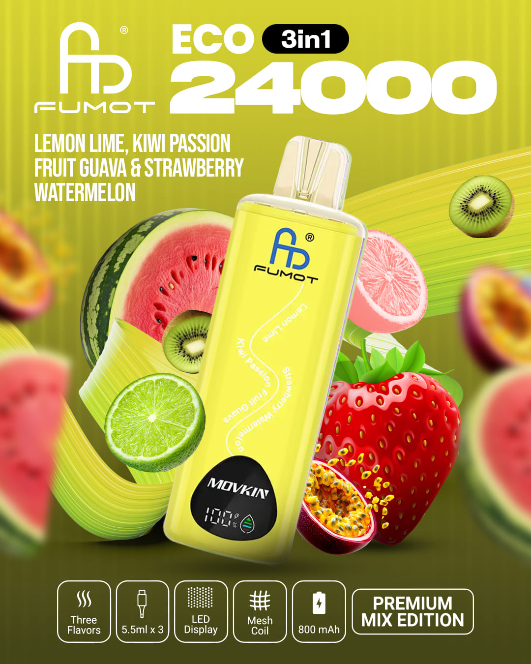 Fumot Eco 24000 3in1 - Lemon Lime, Kiwi Passion Fruit Guava & Strawberry Watermelon