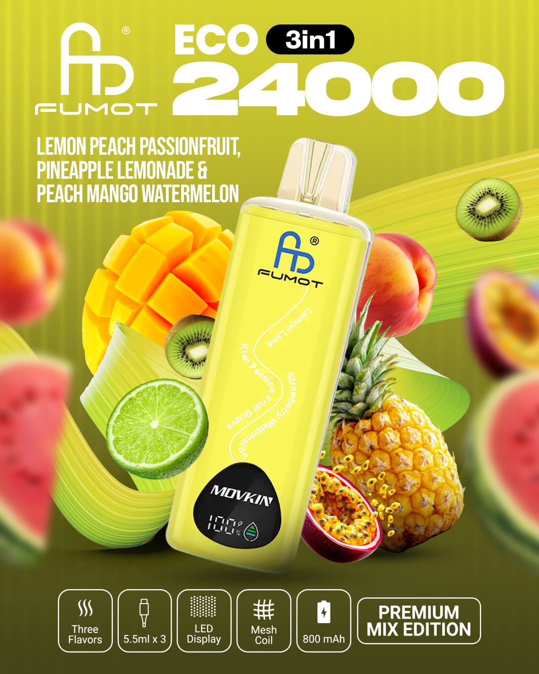 Fumot Eco 24000 3in1 - Lemon Peach Passionfruit, Pineapple Lemonade & Peach Mango Watermelon