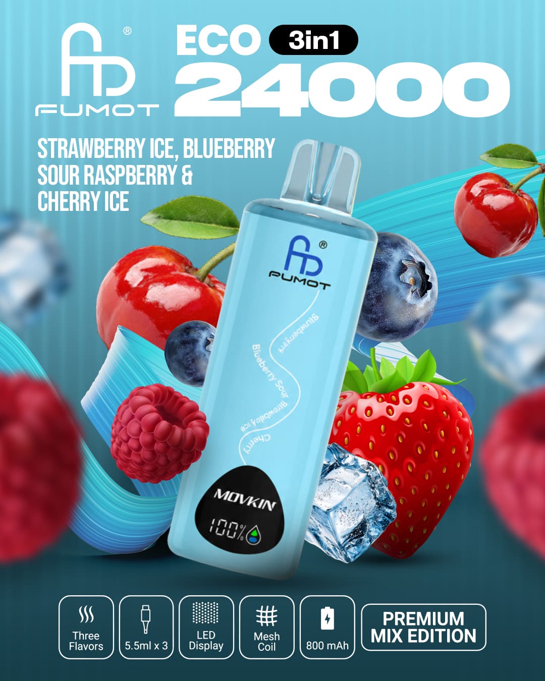 Fumot Eco 24000 3in1 - Strawberry Ice, Blueberry Sour Raspberry & Cherry Ice