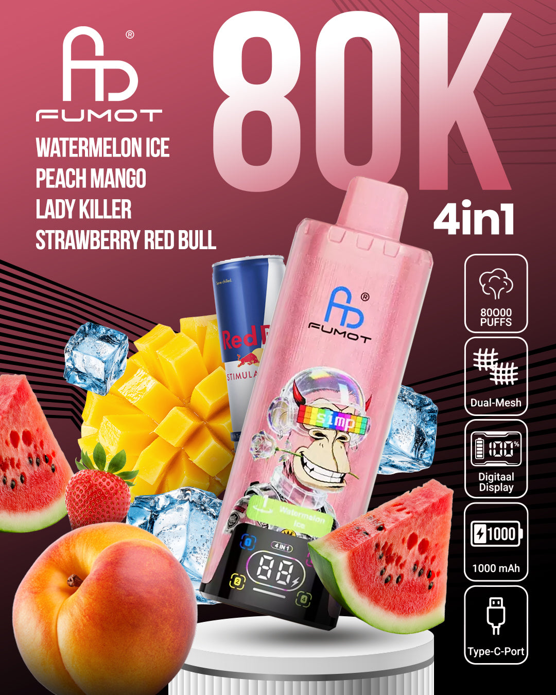Fumot 80K 4in1 - Watermelon Ice, Peach Mango, Lady Killer & Strawberry Red Bull