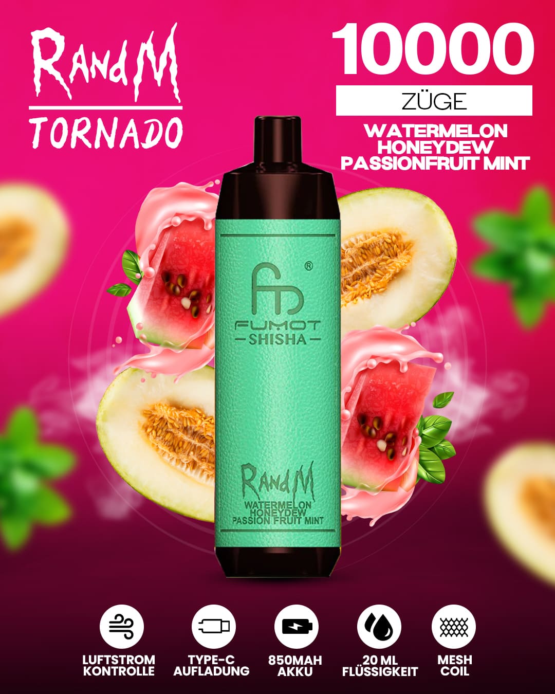 RandM Shisha 10000 - Watermelon Honeydew Passionfruit Mint