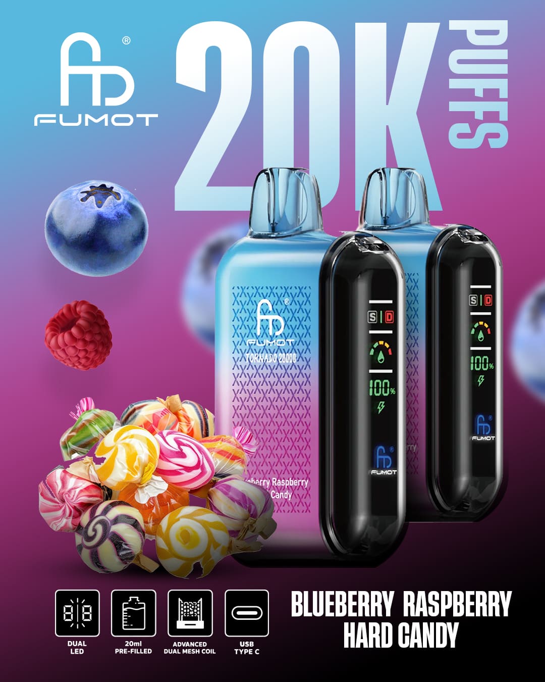 Tornado Vape 20000 - Blueberry Raspberry Hard Candy