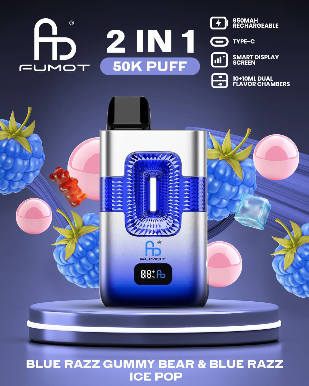 Tornado Vape 50000 2in1 - Blue Razz Gummy Bear & Blue Razz Ice Pop