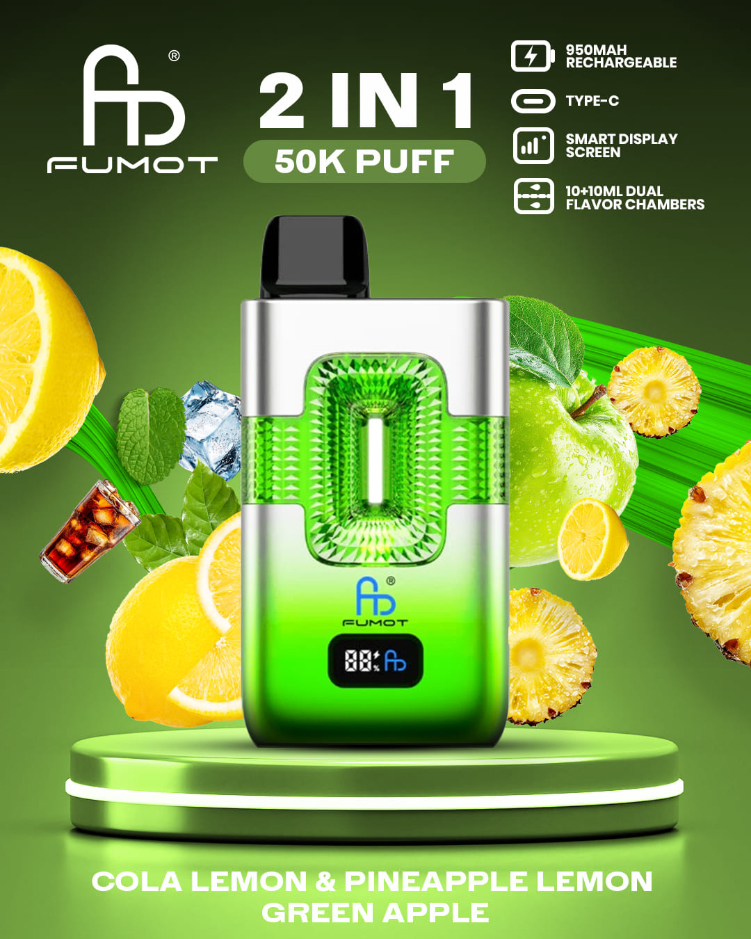 Tornado Vape 50000 2in1 - Cola Lemon & Pineapple Lemon Green Apple
